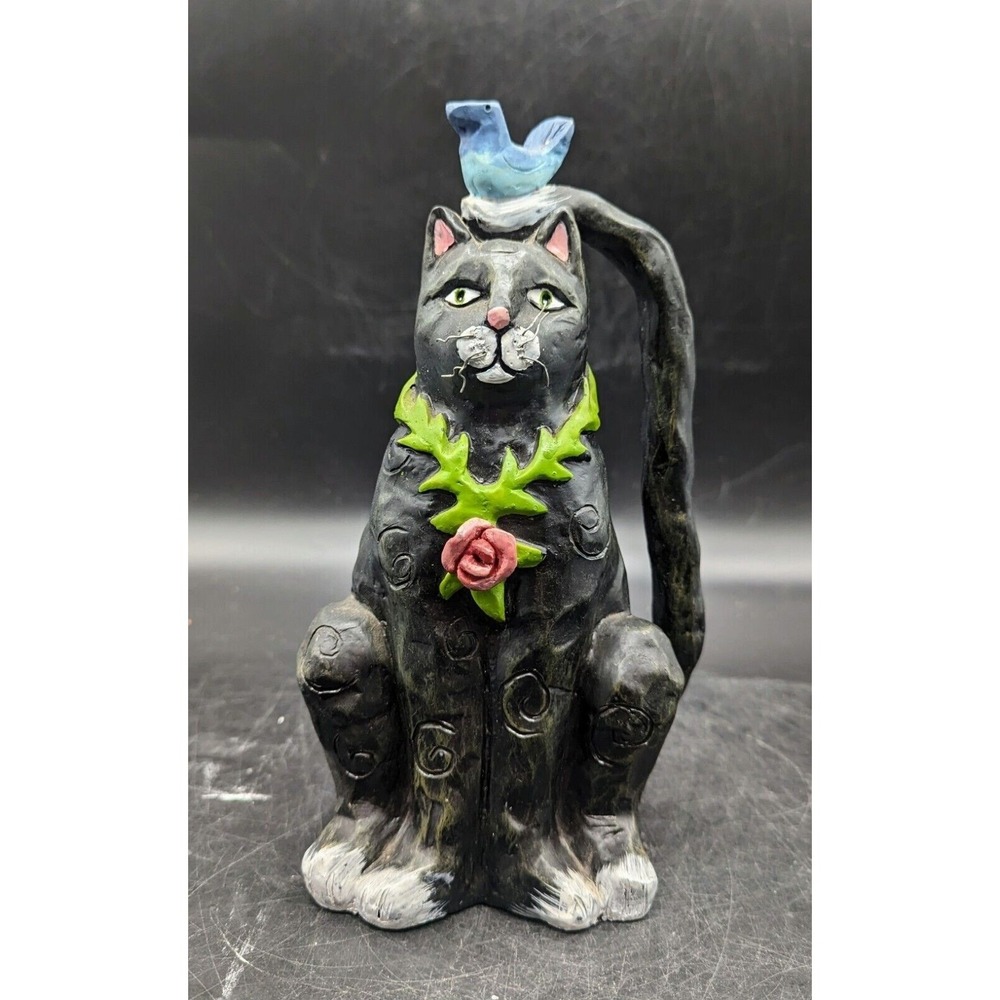 Contemporary Resin Black Cat Figurine Bluebird Nest Flower 9" Bird